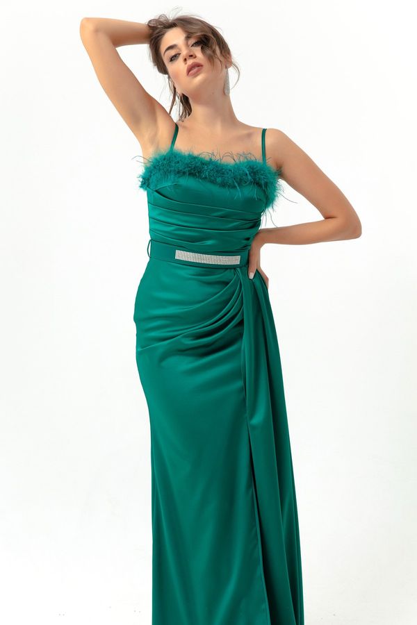 Lafaba Lafaba Women's Emerald Green Long Satin Evening Dress with Rope Straps and Gemstones Belt.