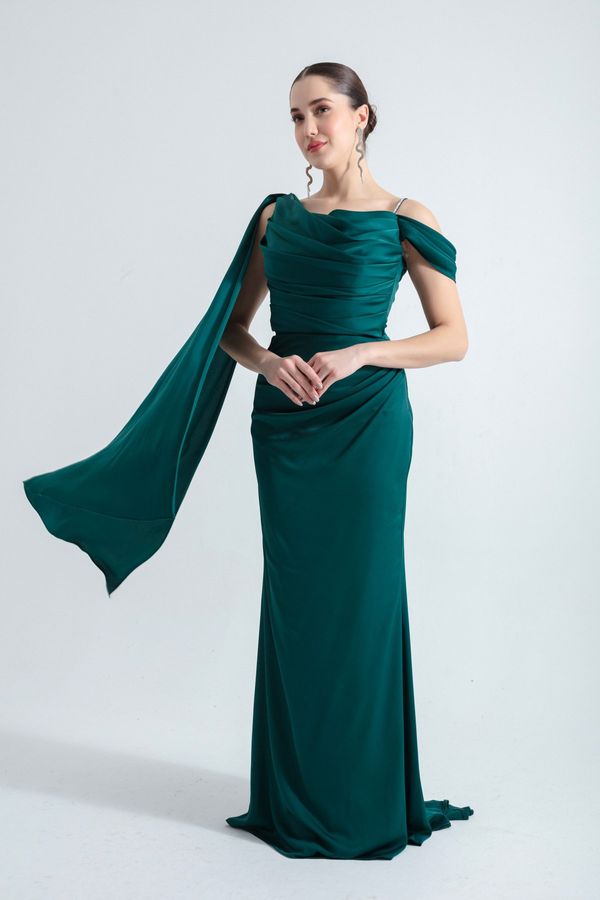 Lafaba Lafaba Women's Emerald Green One-Shoulder Stone Strap Long Satin Evening Dress