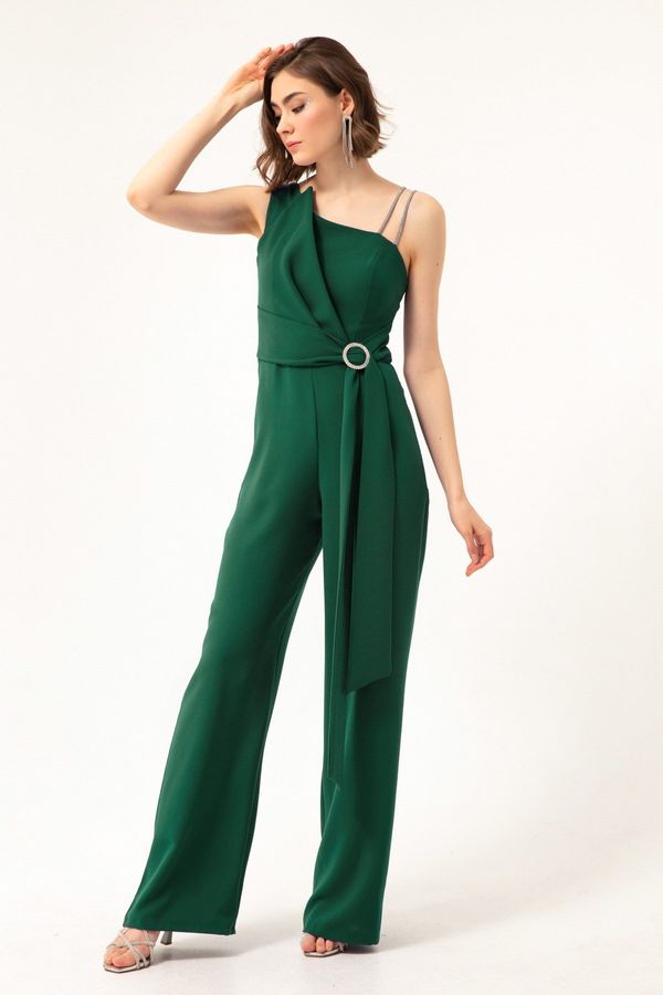 Lafaba Lafaba Women's Emerald Green One-Shoulder With Stones Evening Dress Jumpsuit