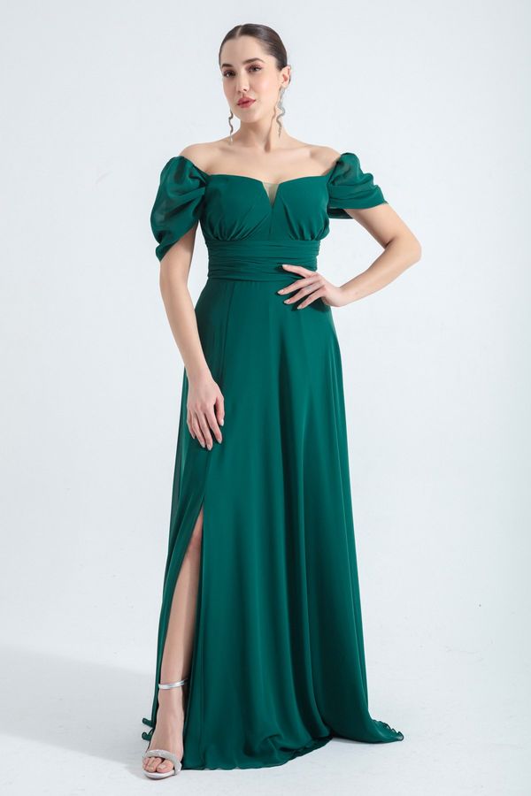 Lafaba Lafaba Women's Emerald Green Open Shoulder Slit Detailed Tulle Evening Dress