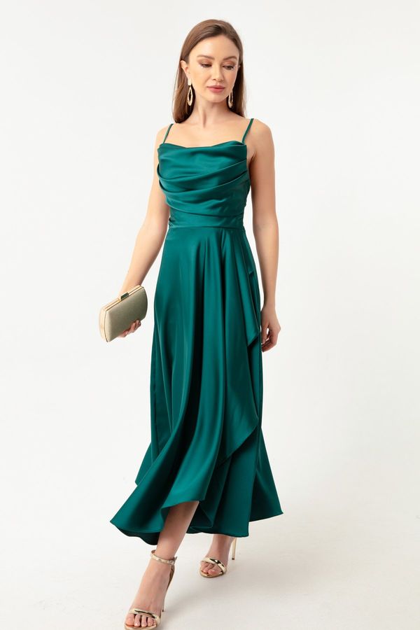 Lafaba Lafaba Women's Emerald Green Satin Midi Length Evening Dress &; Prom Dress with Ruffles and a Slit.