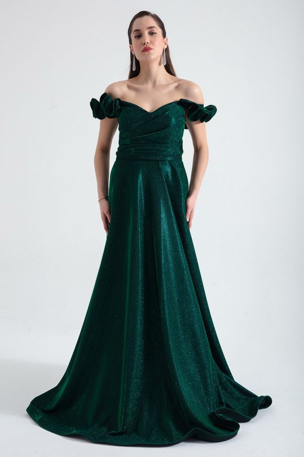Lafaba Lafaba Women's Emerald Green Silvery Silvery Long Evening Dress With Frilly Sleeves