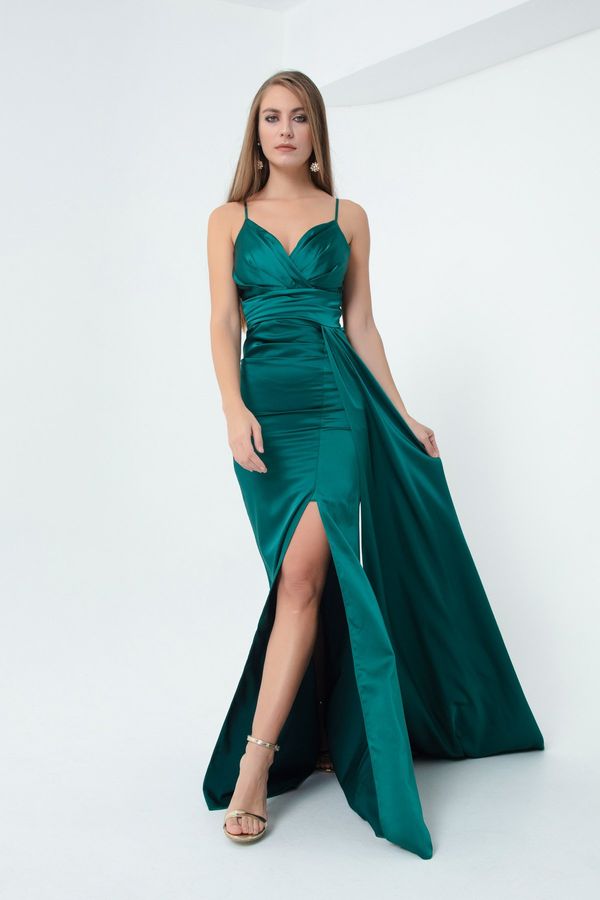 Lafaba Lafaba Women's Emerald Green Strappy Long Satin Evening Dress & Graduation Dress