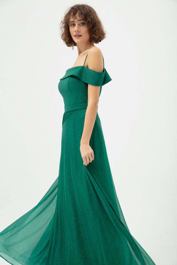 Lafaba Lafaba Women's Emerald Green Thin Strap Boat Neck Silvery Long Evening Dress