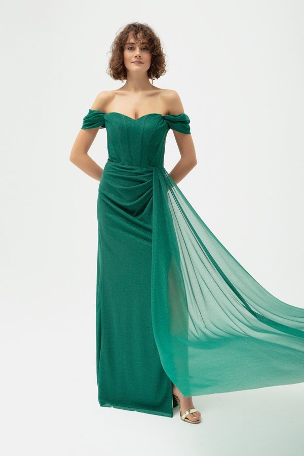 Lafaba Lafaba Women's Emerald Green Underwire Corset Detailed Silvery Long Evening Dress