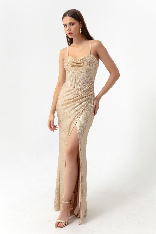 Lafaba Lafaba Women's Gold Underwired Corset Detailed Sequined Long Slit Evening Dress.