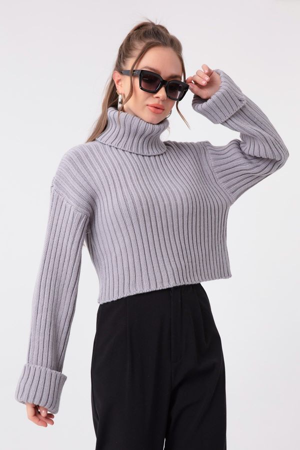 Lafaba Lafaba Women's Gray Wide Ribbed Turtleneck Knitwear Crop Sweater