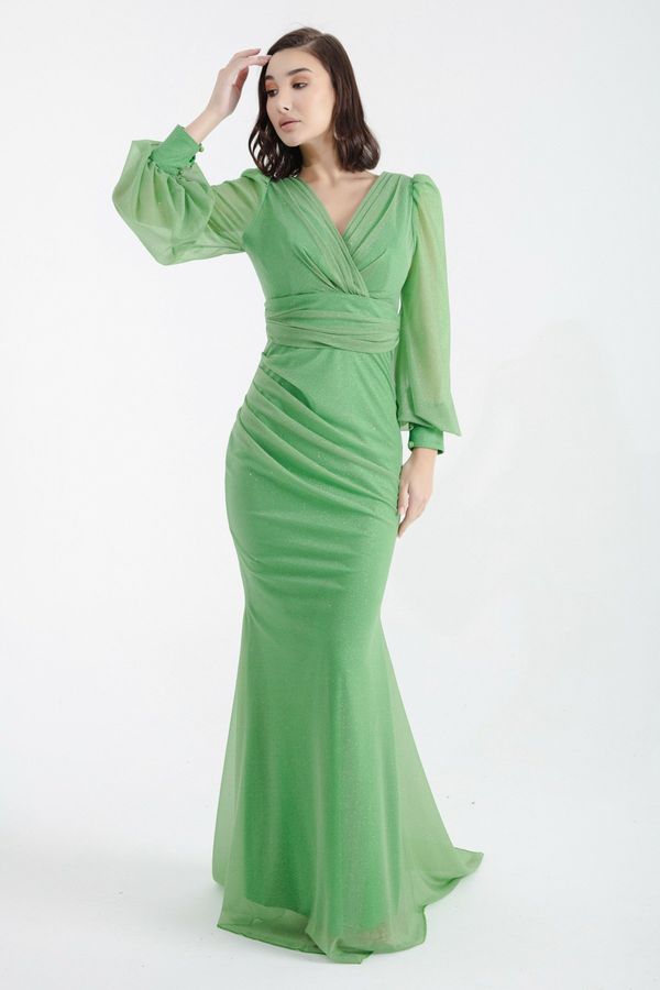 Lafaba Lafaba Women's Green Double Breasted Collar Silvery Long Evening Dress