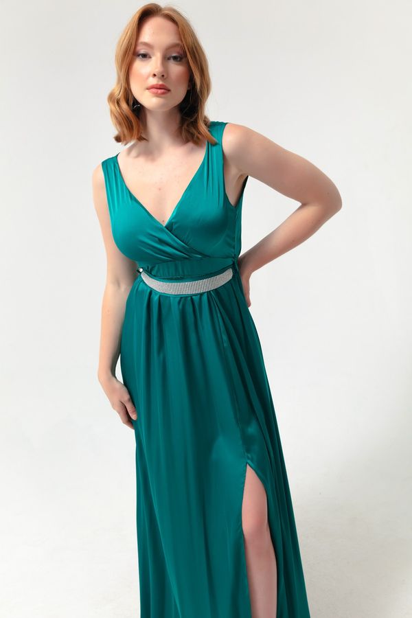 Lafaba Lafaba Women's Green Double Breasted Collar Stone Belted Long Evening Dress