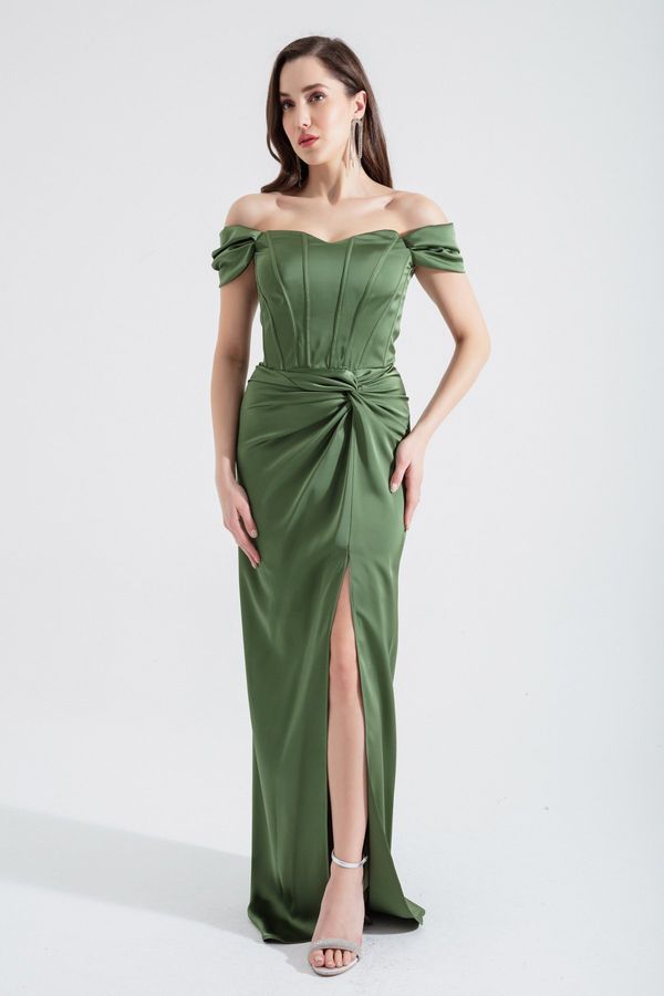 Lafaba Lafaba Women's Green Underwire Corseted Long Satin Evening Dress
