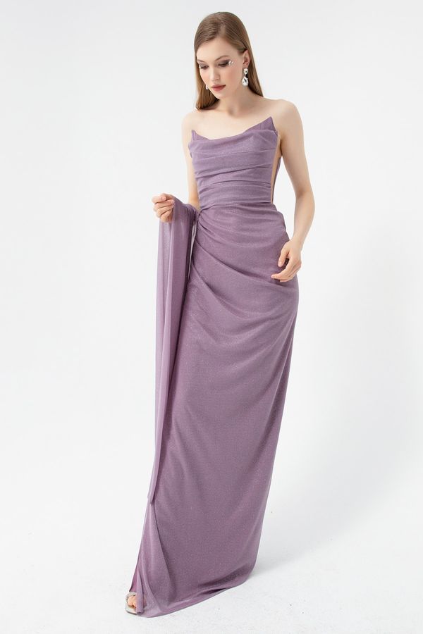 Lafaba Lafaba Women's Lavender Chest Draped Slit Glitter Evening Dress