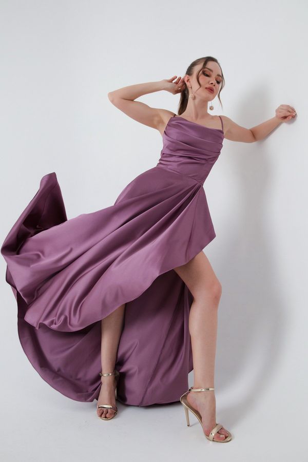 Lafaba Lafaba Women's Lavender Evening Dress &; Prom Dress with Ruffles and a Slit in Satin