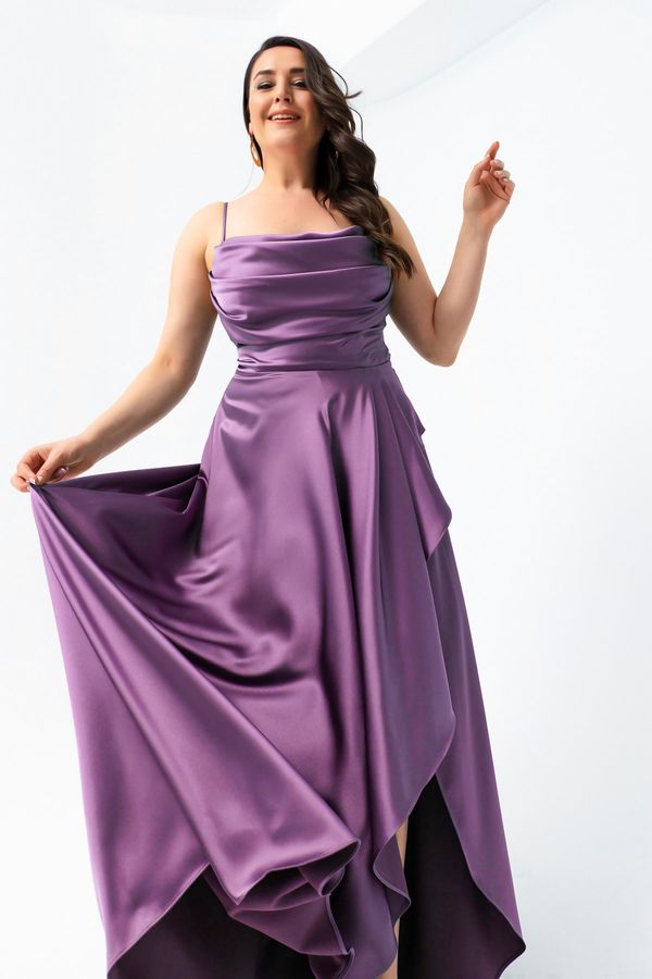 Lafaba Lafaba Women's Lavender Plus Size Satin Evening Dress with Ruffles and a Slit Prom Prom Dress