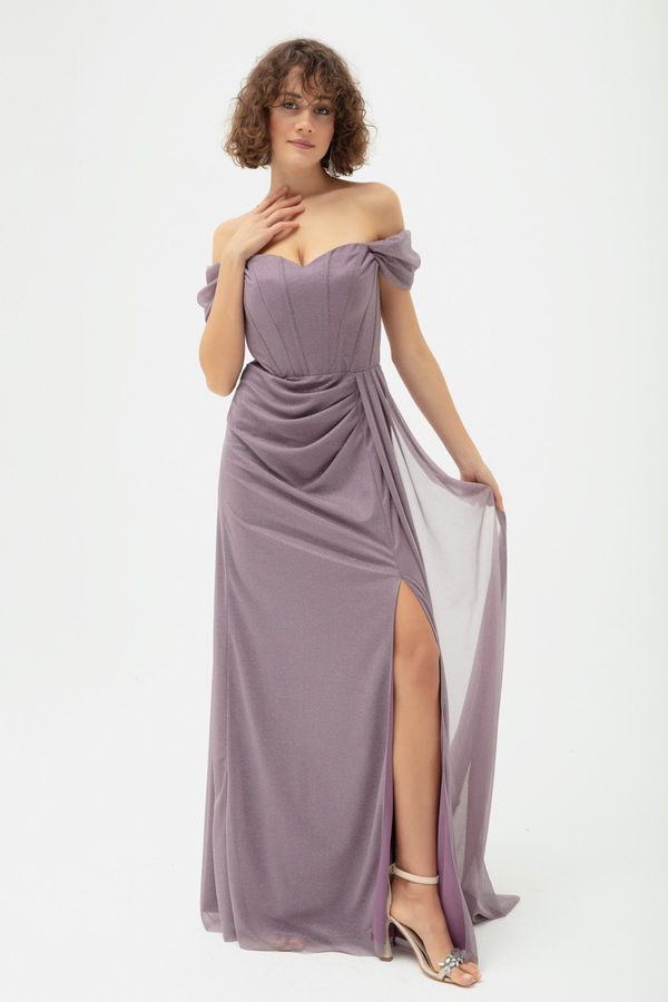 Lafaba Lafaba Women's Lavender Underwire Corset Detailed Silvery Long Evening Dress