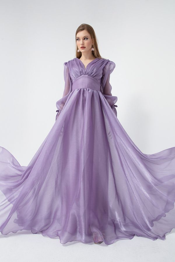 Lafaba Lafaba Women's Lilac Balloon Sleeve V-neck Long Evening Dress.