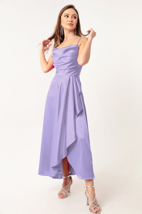 Lafaba Lafaba Women's Lilac Flounce Slit Satin Midi Length Evening Dress & Graduation Dress