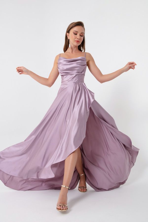Lafaba Lafaba Women's Lilac Volleyball Satin Evening &; Prom Dress with a slit