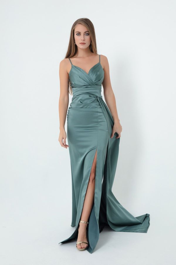 Lafaba Lafaba Women's Long Satin Evening Dress with Turquoise Straps & Prom Dress