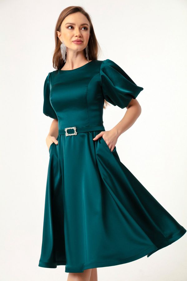 Lafaba Lafaba Women's Mini Satin Evening Dress with Oil Balloon Sleeves and Stones and a Belt.
