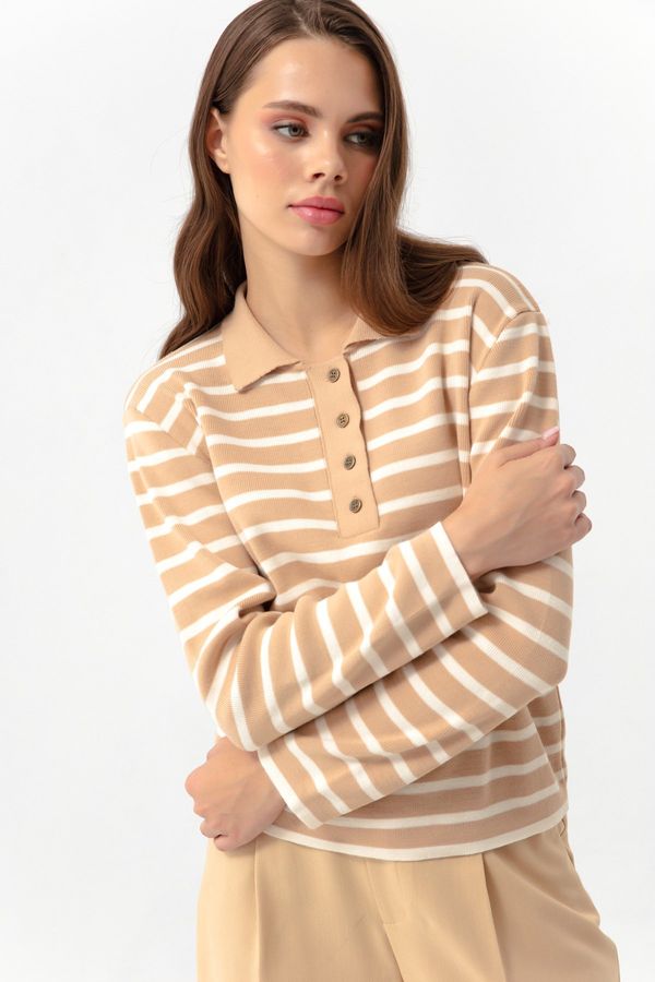 Lafaba Lafaba Women's Mink Polo Neck Striped Knitwear Sweater
