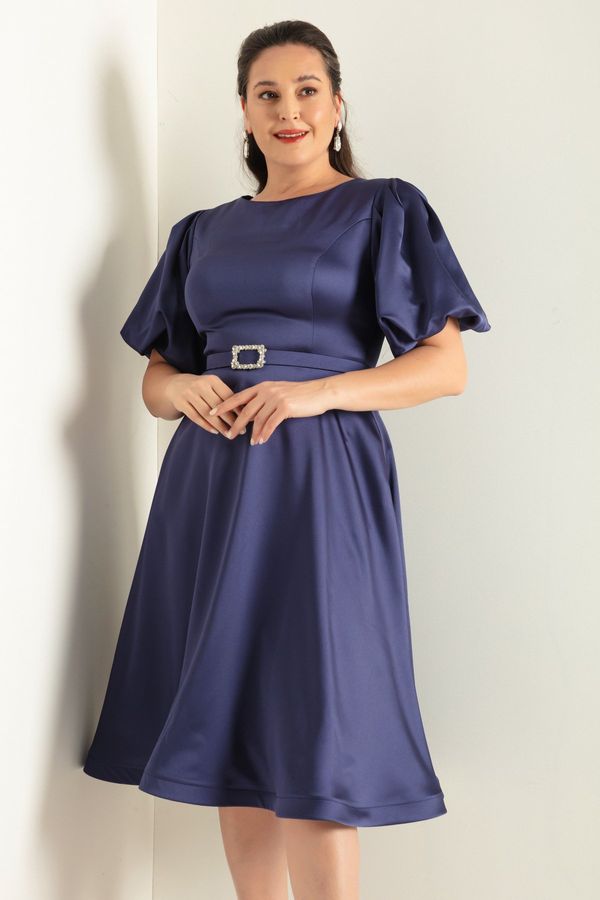 Lafaba Lafaba Women's Navy Blue Balloon Sleeve Stone Belted Plus Size Satin Evening Dress