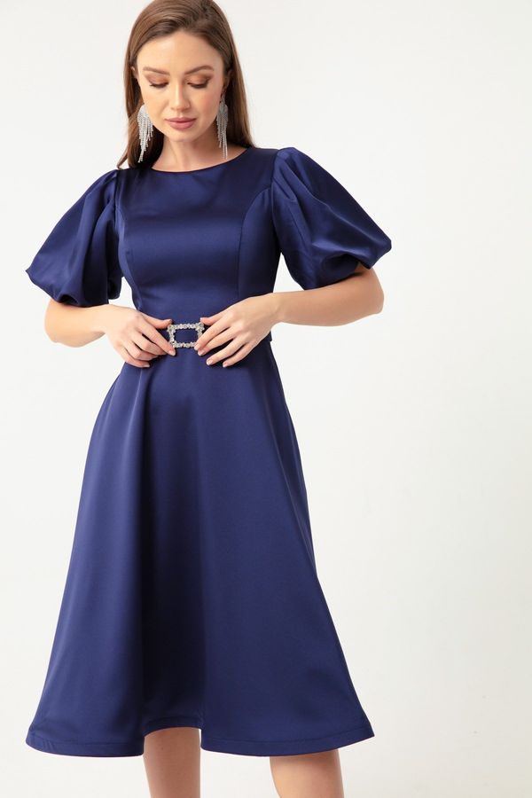 Lafaba Lafaba Women's Navy Blue Balloon Sleeve Stony Belted Mini Satin Evening Dress