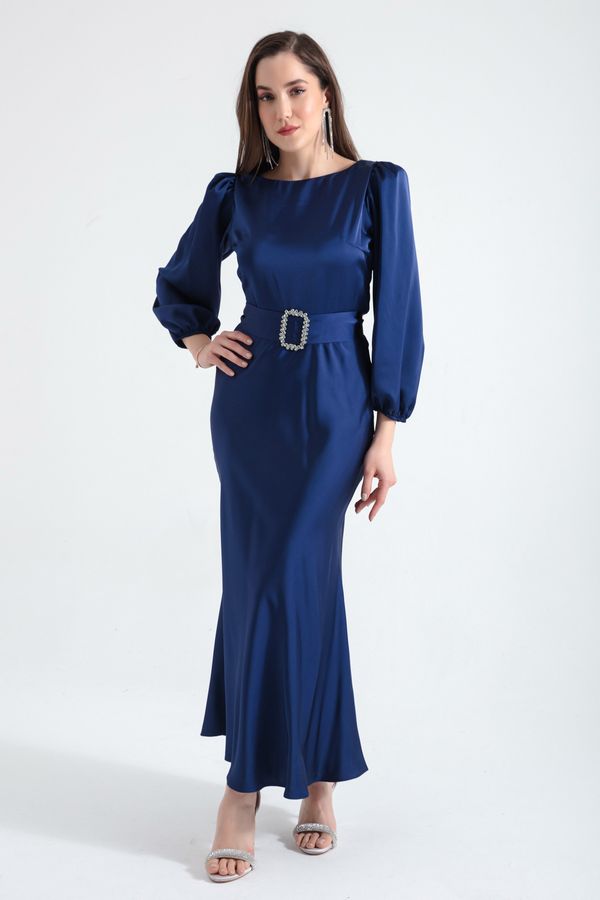 Lafaba Lafaba Women's Navy Blue Belted Midi Satin Evening Dress