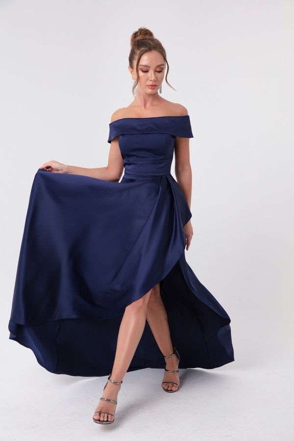 Lafaba Lafaba Women's Navy Blue Boat Neck Satin Evening Dress & Prom Dress