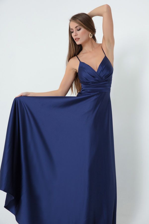 Lafaba Lafaba Women's Navy Blue Evening Dress &; Prom Dress With Thread Straps and Waist Belt Satin