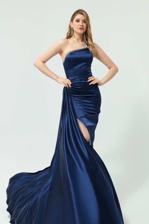Lafaba Lafaba Women's Navy Blue One-Shoulder Long Satin Evening Dress with Stones.