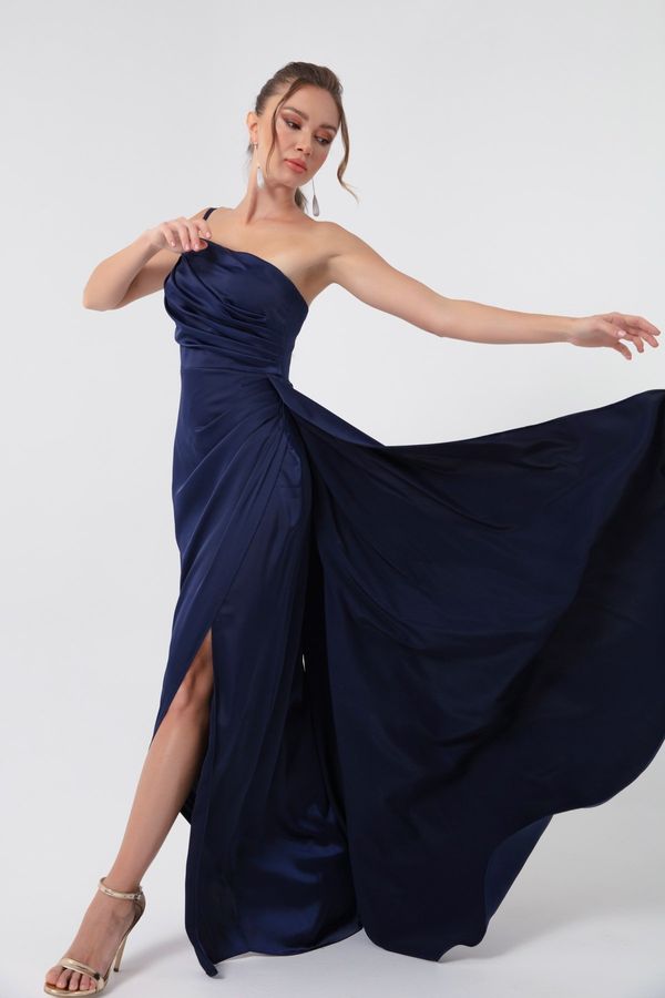 Lafaba Lafaba Women's Navy Blue One-Shoulder Satin Evening & Prom Dress
