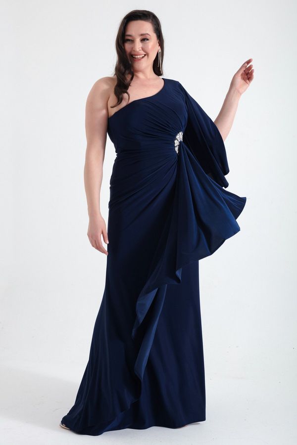 Lafaba Lafaba Women's Navy Blue One-Shoulder Stone Detailed Long Evening Dress