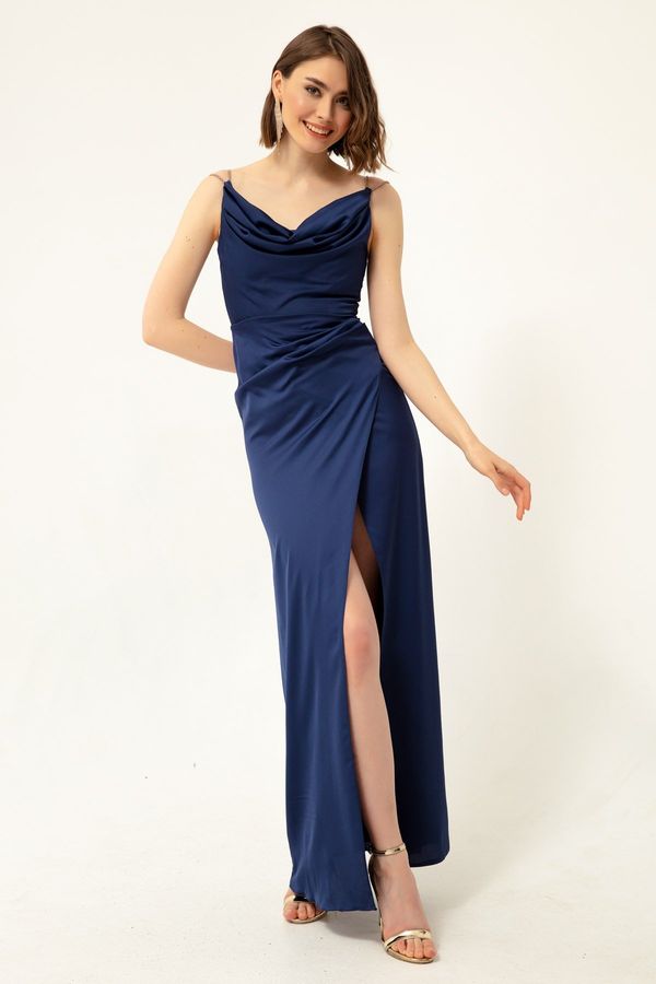 Lafaba Lafaba Women's Navy Blue Stone Strap Collared Collar Satin Evening Dress.