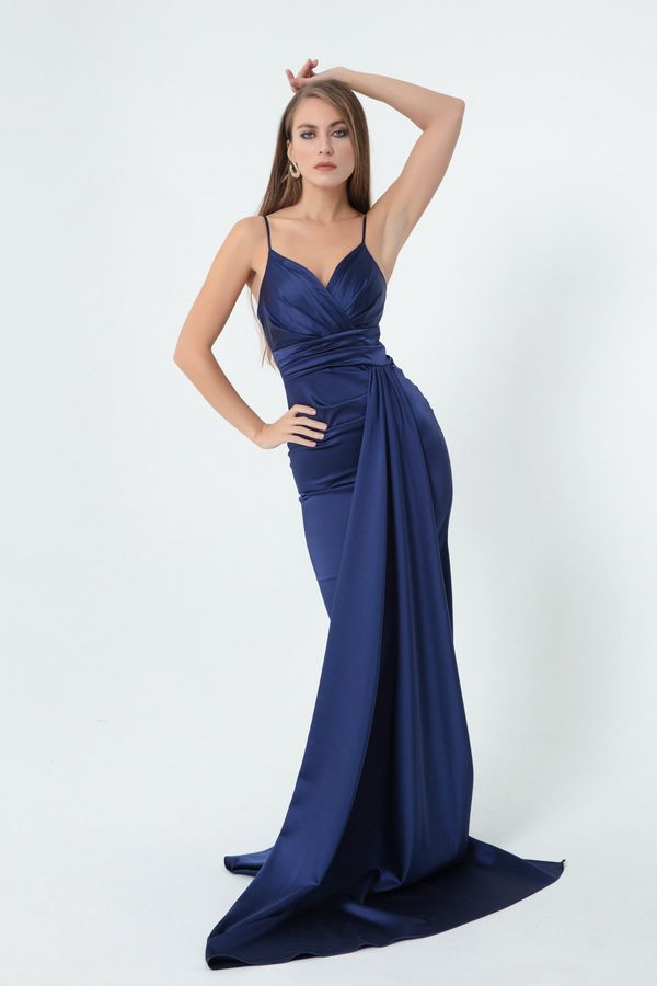 Lafaba Lafaba Women's Navy Blue Straps Long Satin Evening Dress & Prom Dress
