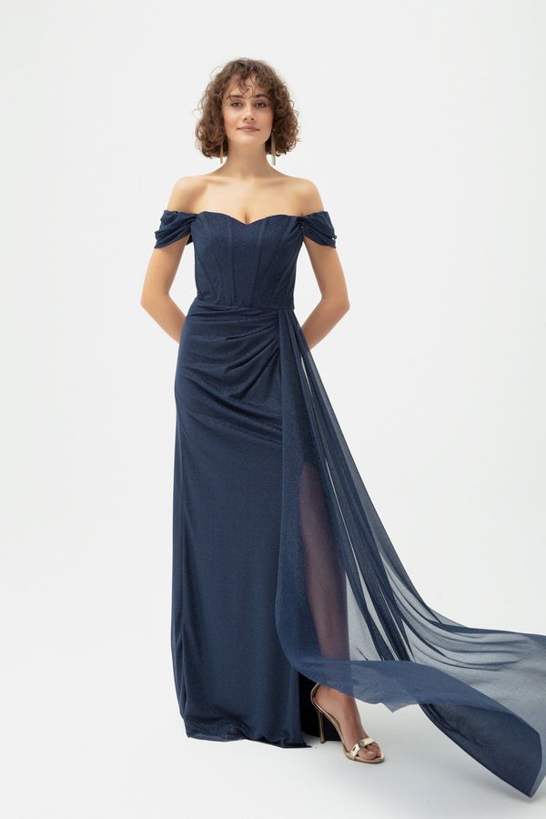 Lafaba Lafaba Women's Navy Blue Underwire Corset Detailed Silvery Long Evening Dress