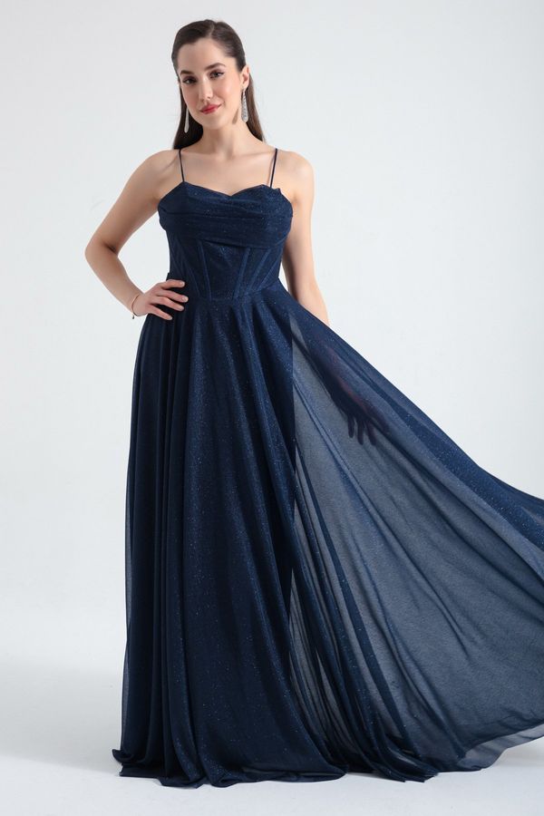 Lafaba Lafaba Women's Navy Blue Underwire Corset Silvery Long Evening Dress