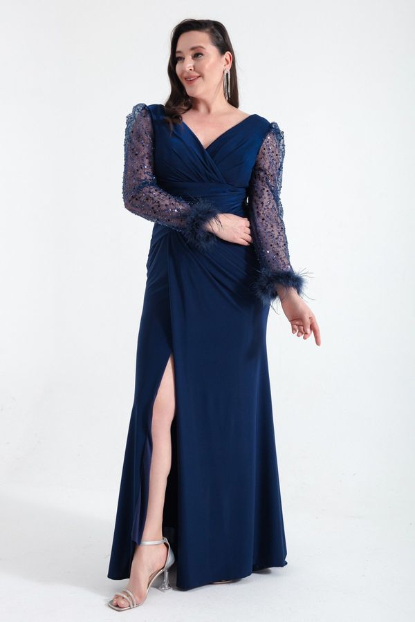 Lafaba Lafaba Women's Navy Blue V-Neck Plus Size Long Evening Dress with Stony Slit on the Sleeves