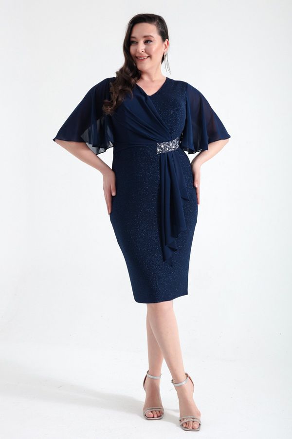 Lafaba Lafaba Women's Navy Blue V-Neck Short Sleeve Plus Size Midi Evening Dress