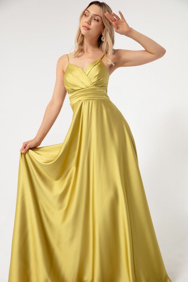 Lafaba Lafaba Women's Oil Green Satin Long Evening Dress &; Prom Dress with Thread Straps and Waist Belt
