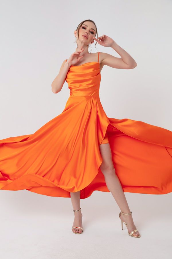 Lafaba Lafaba Women's Orange Satin Evening &; Prom Dress with Ruffles and a Slit