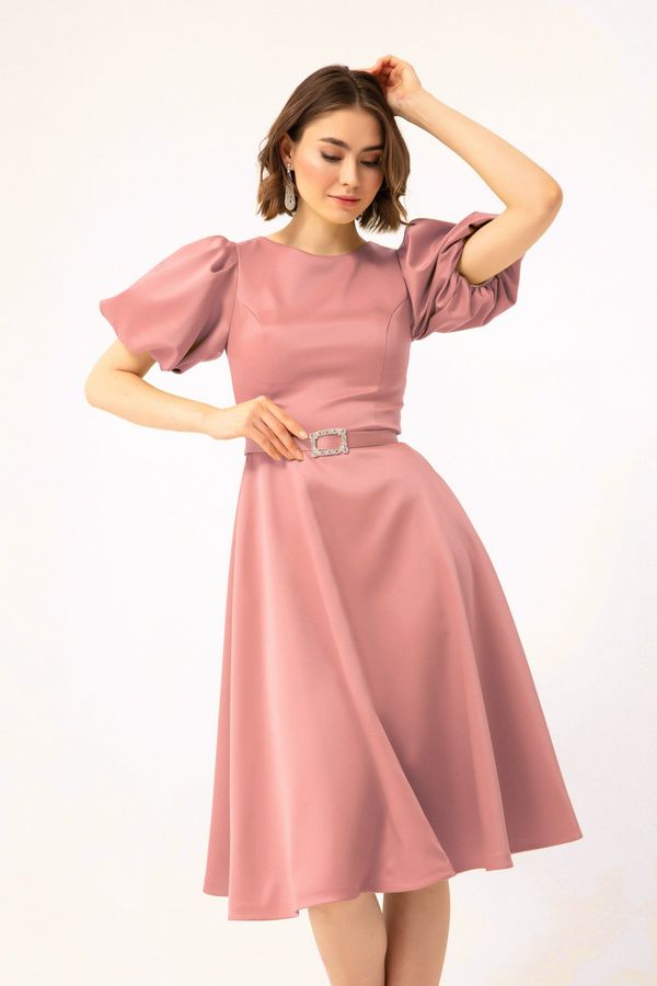 Lafaba Lafaba Women's Pink Balloon Sleeve Stone Belted Mini Satin Evening Dress