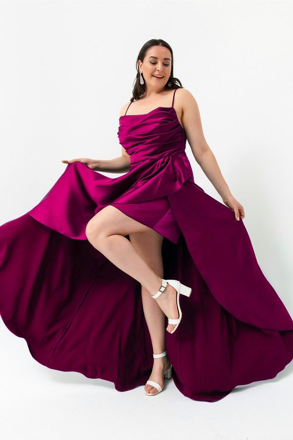 Lafaba Lafaba Women's Plus Size Satin Evening Dress with Plum Ruffles and a slit Prom Prom.