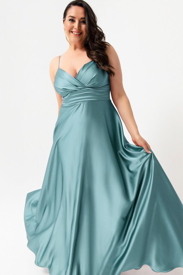 Lafaba Lafaba Women's Plus Size Satin Long Evening &; Prom Dress with Turquoise Rope Straps