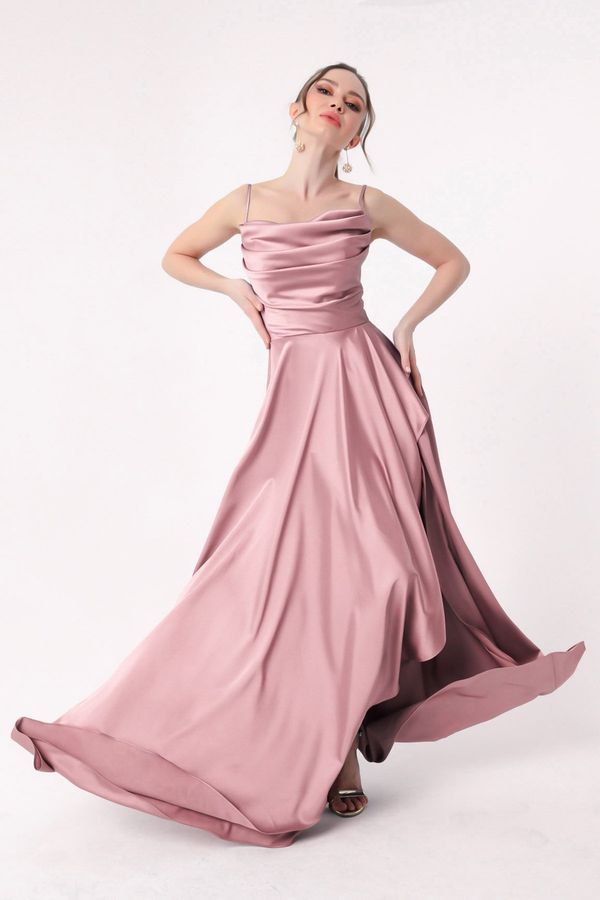 Lafaba Lafaba Women's Powder Powder Evening Dress &; Prom Dress with Ruffles and a Slit in Satin.