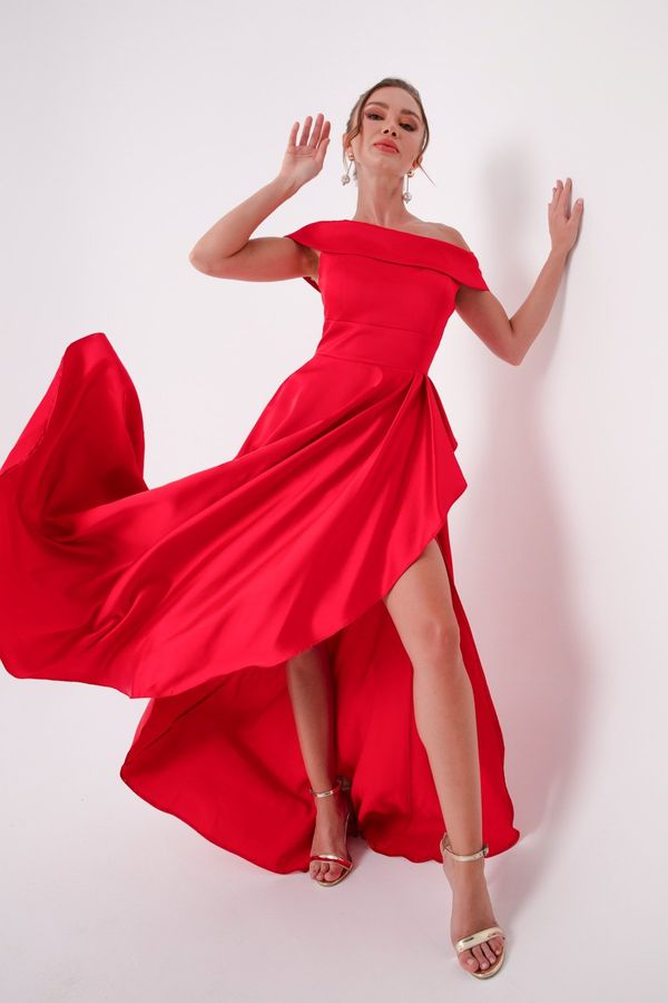 Lafaba Lafaba Women's Red Bateau Neck Satin Evening & Prom Dress