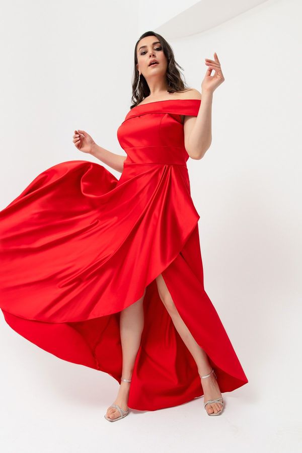Lafaba Lafaba Women's Red Boat Collar Plus Size Satin Evening Dress & Prom Dress