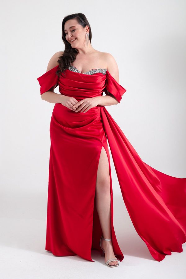 Lafaba Lafaba Women's Red Boat Neck Slit Long Plus Size Satin Evening Dress