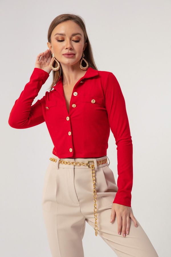 Lafaba Lafaba Women's Red Buttons Short Knitted Blouse