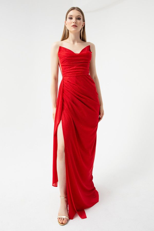 Lafaba Lafaba Women's Red Chest Draped Slit Silvery Evening Dress