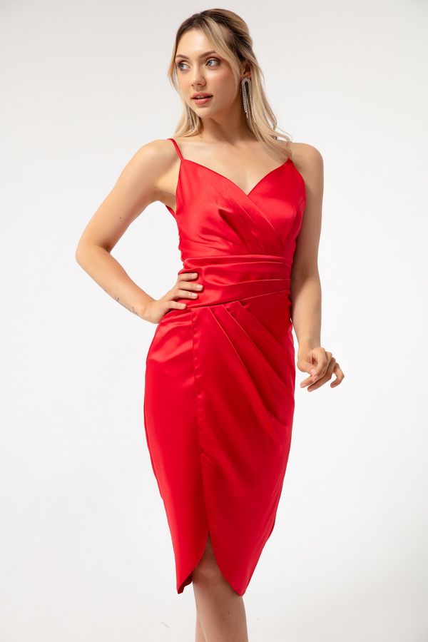 Lafaba Lafaba Women's Red Double Breasted Evening Dress with a Slit Midi Satin